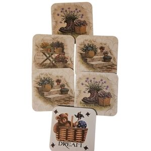 Vintage Charming Garden and Teddy Bear Coasters Set